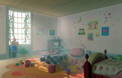卡通卧室与室外设施工程施工资源下载 小孩房间模型及MB、MAX、FBX、OBJ格式网盘分享